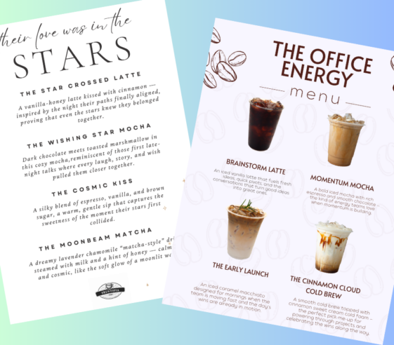 customized coffee menu for corporate catering and wedding catering