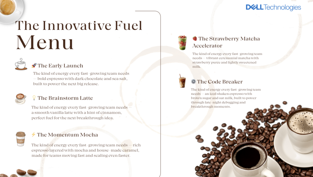 Custom corporate coffee menu featuring specialty espresso drinks and matcha